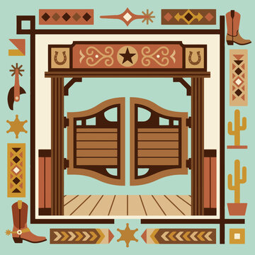 Western saloon doors with rustic cowboy icons and frame