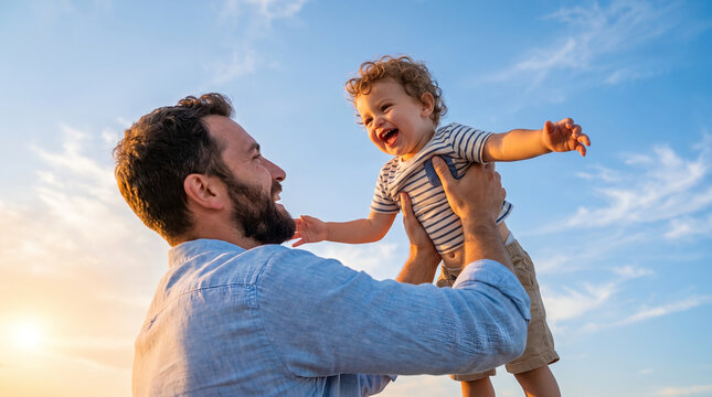 Man with beard and male toddler, low angle view against bright sky, father lifting child up in air, outdoor open space during sunset, family lifestyle photography