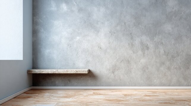 Minimalist interior corner with textured gray wall and marble shelf.