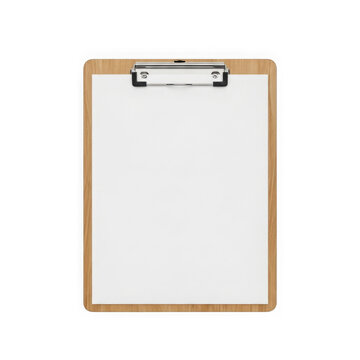 Wooden clipboard with a blank white paper sheet for notes and professional tasks isolated on transparent background , PNG