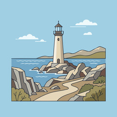 A tall lighthouse stands on a rocky coast by the sea © Vasquez