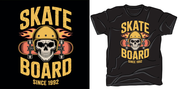 Skateboard since 1992 t shirt design with skull wearing helmet in front of flaming board for extreme sports street culture apparel.