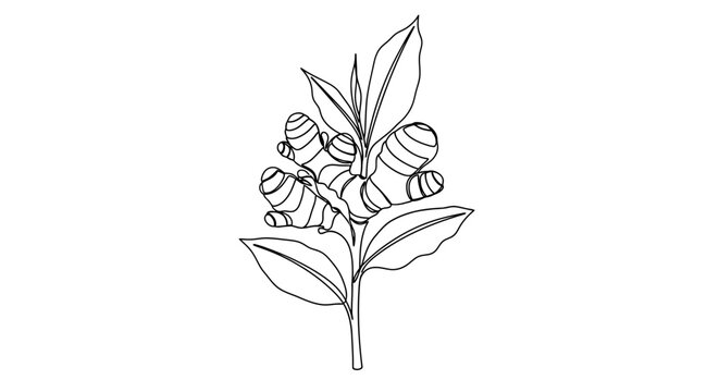 Minimalist Botanical Illustration of Ginger Plant with Leaves and Rhizomes in Line Art Style for Organic Plant Design
