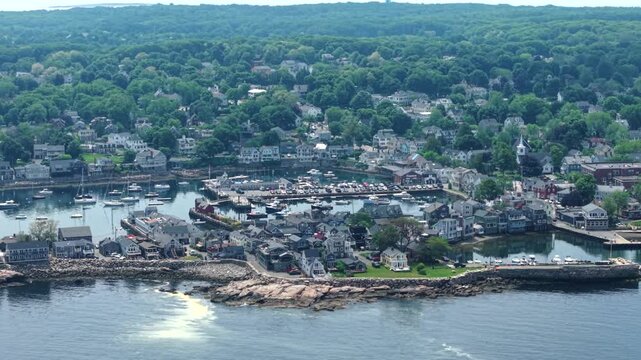 Rockport Harbor In Rockport, Massachusetts. Historic Coastal Village On Cape Ann. Aerial Shot