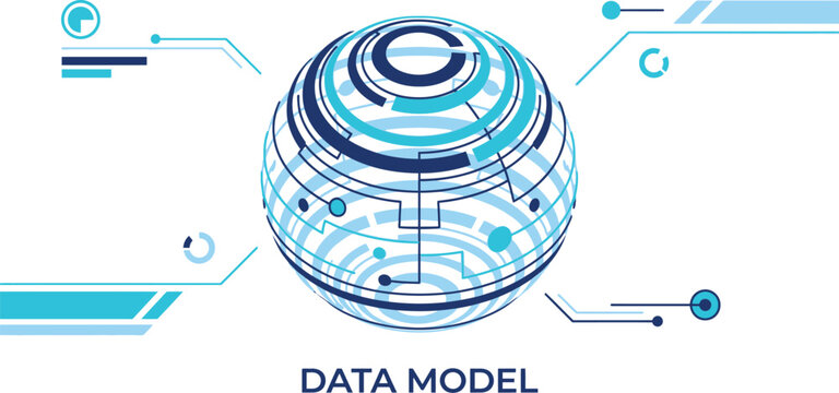Data model sphere showcases a complex network of interconnected digital layers and technical information streams.