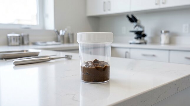 Human Stool Sample for Medical Examination in White Cap Jar