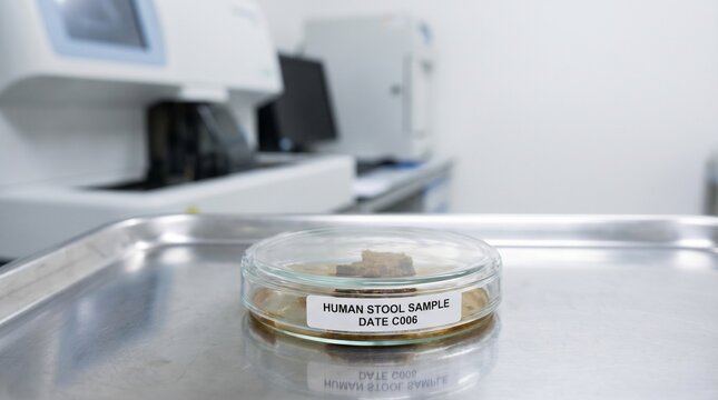 Human Stool Sample for Medical Examination in Petri Dish with Label
