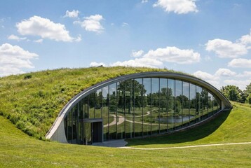 Fototapeta premium Modern library exterior featuring a green roof blending seamlessly into a lush hill
