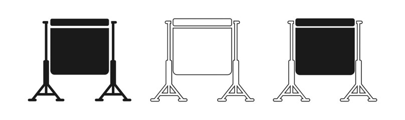 Three variations of black and white retractable banner stands ideal for events and marketing displays © Raju