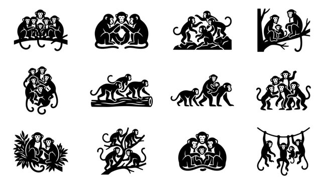 Black and white monkey illustrations set.