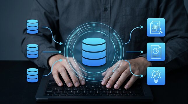 Data Warehouse for Business Intelligence and Database Integration. Businessman Leveraging Analytics and BI Tools on Laptop Computer.