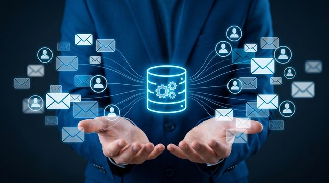 Database Email and Automated Mail Delivery from Server Concept. Businessperson Holding Mail and Database Icons for Digital Communication.
