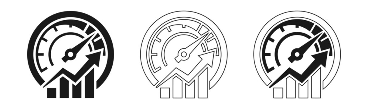 Vector graphic of three black and white speedometer icons with rising arrow and graph elements