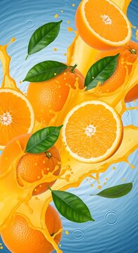 Oranges splashing in water with green leaves