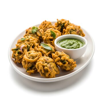 Fried pakora on plate with green chutney