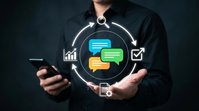 Feedback Loop Strategy for Business Process Improvement and PDCA Cycles. Man Using Digital Communication to Optimize Workflow and Decision Making.
