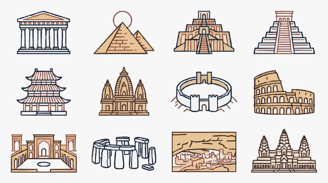 Dynamic Collection of Iconic World Architectural Landmarks in Minimalist Line Art and Earthy Color Palette