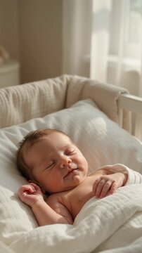 Adorable newborn infant sleeping soundly in a cozy bassinet and smiling while dreaming. Vertical video