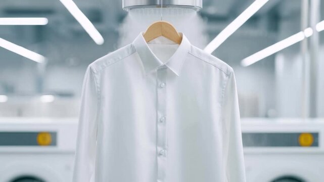 Crisp white dress shirt hanging on wooden hanger in modern industrial laundromat with washing machines in bright clean environment