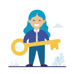 Naklejka premium Smiling woman with blue hair holding a large golden key