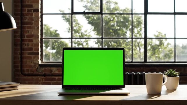 Laptop with green screen on a wooden desk in a loft