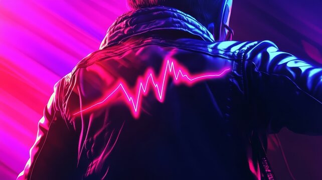 Neon dj wearing leather jacket with sound wave graphic design aesthetic future synthwave concept illustration