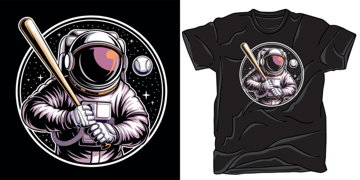 Astronaut playing baseball in space circle emblem design for t-shirt graphics featuring wood bat and moon sphere with starry background.
