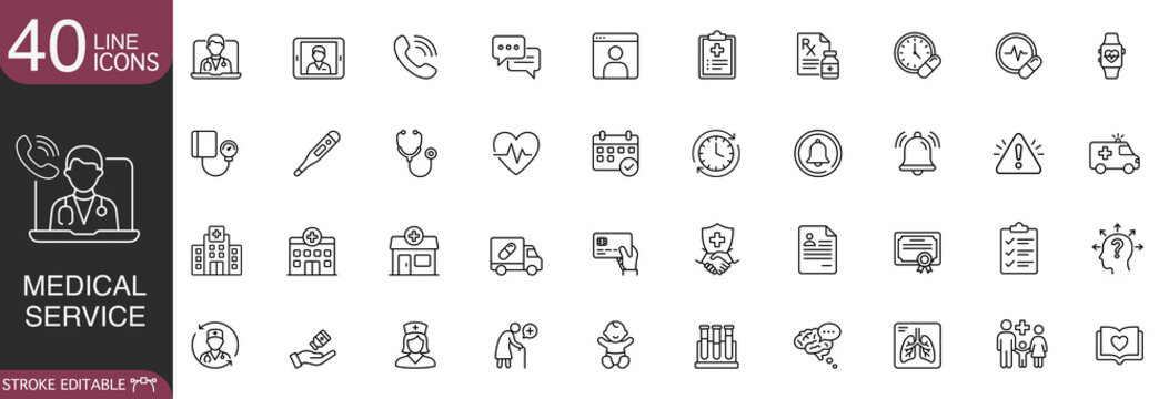 Medical service line icon vector set featuring telemedicine, digital healthcare, online doctor consultation, and hospital equipment concepts with editable stroke.