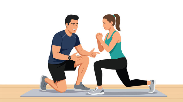 Fitness Trainer Guiding Woman Doing Lunge Exercise on Exercise Mat