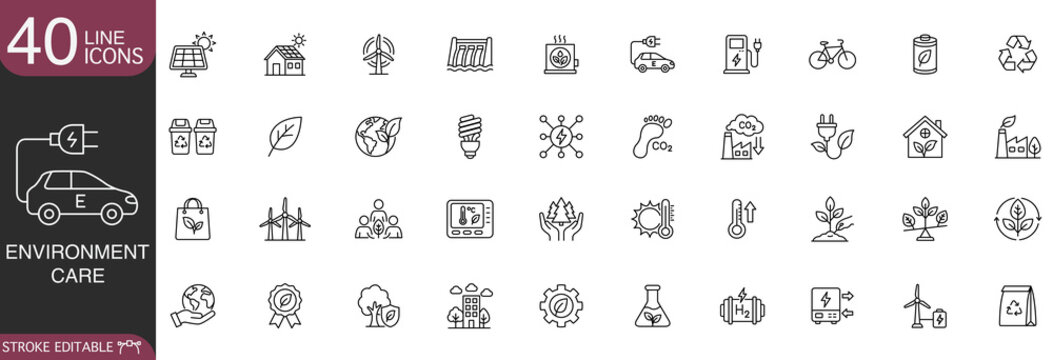 Environment care and green energy line icon vector set featuring sustainability, renewable resources, ecology protection, and electric vehicle concepts with editable stroke.