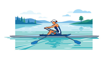 Female Rower Sculling Single Scull Boat on Calm Lake Vector Illustration © kalasuka