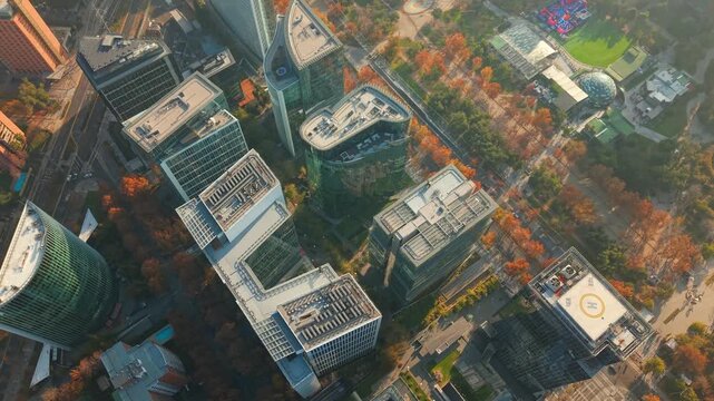 Aerial Overhead View of Skyscrapers in Nueva Las Condes Financial District Santiago Chile