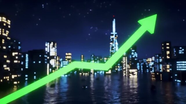 Green arrow rising up over generic city skyline at night financial growth concept