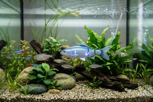 Futuristic bionic robot fish swimming in a planted freshwater home aquarium