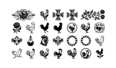 Fototapeta premium Premium rooster vector pack with 20 black and white chicken icon designs