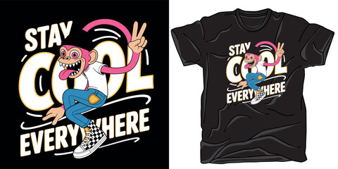 Stay cool everywhere monkey cartoon vector illustration. cheerful animal character in stylish outfit for kid apparel design or print. © TShirt Vector Hub