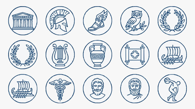 Sleek Monochromatic Line Art Icons of Ancient Greek Symbols and Elements in Blue Outline Design