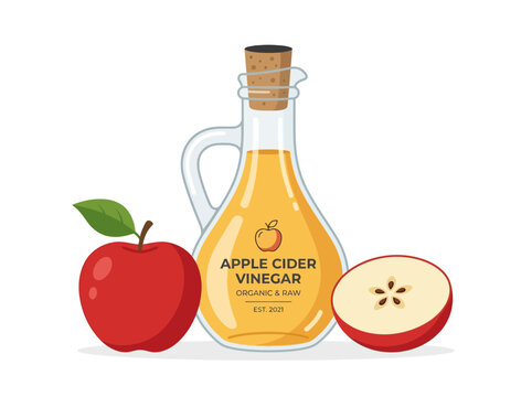 A bottle of apple cider vinegar with a whole apple and a sliced apple