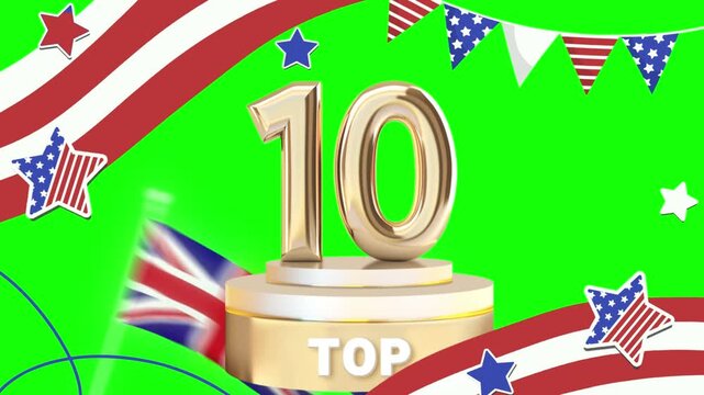 Animated top 10 gold trophy awards with american and british flags on green background