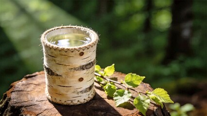 Naklejka premium Natural Birch Bark Cup With Birch Sap Drink And Fresh Birch Branches 