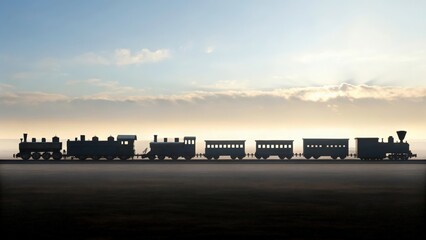 Fototapeta premium Silhouette of a vintage steam train traveling across a flat landscape at sunset.
