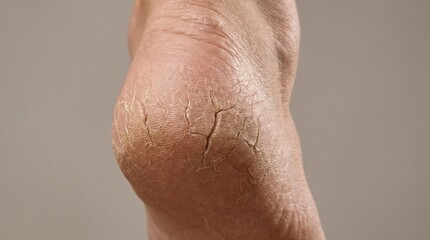Fototapeta premium Cracked Heels and Dry Skin on Human Foot for Podiatry Treatment - Side Angle Macro