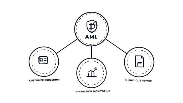 AML diagram concept with line icons animation. Customer screening. Transaction monitoring. Suspicious report. Motion graphics