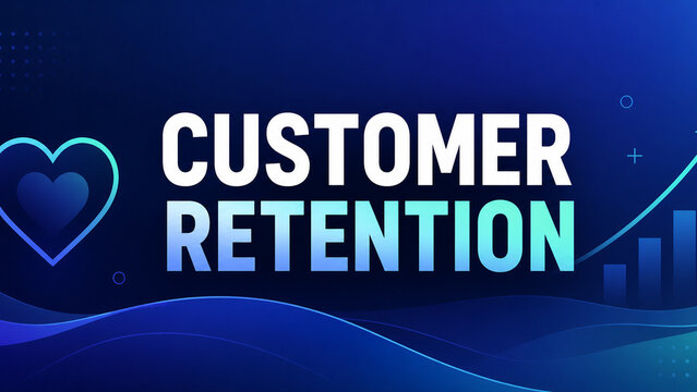 Blue digital customer retention concept banner with bold text, heart icon, growth chart, and modern wave graphics for marketing and CRM themes.