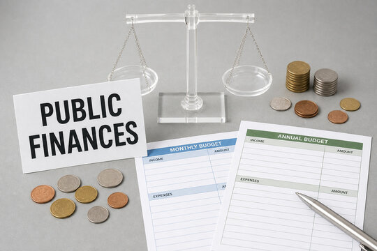 Public finances concept with balance scale, coins, monthly and annual budget sheets, and pen on a gray desktop.
