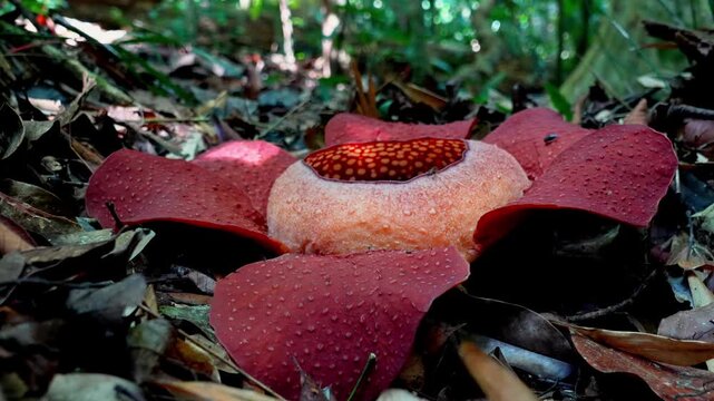 4K handheld slow motion wide angle footage of a fresh Rafflesia kerrii on the forest floor with a fly resting on a petal, Khao Sok National Park, Surat Thani mountain region, Thailand.