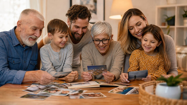 Smiling multigenerational family gathered around a table looking through printed photos and a memory album in a warm home setting.