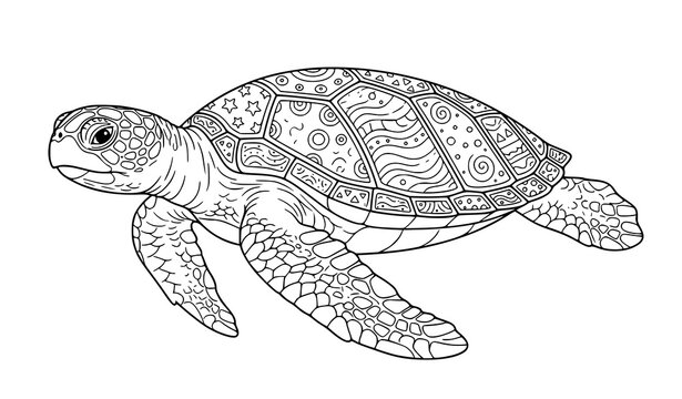 Detailed turtle coloring page intricate shell pattern geometric sea turtle line art vector illustration