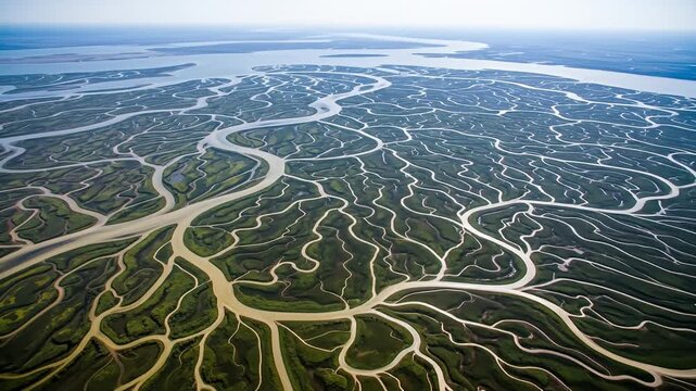Aerial view of river delta flowing through green landscape to the ocean horizon