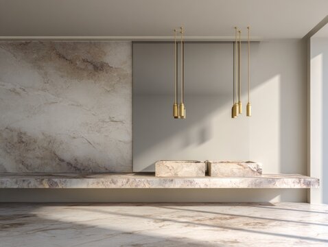 Minimalist interior with marble surfaces and modern brass pendant lights.
